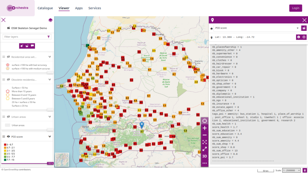 OSM Skeleton Score Points Of Interest (POI) layer over Senegal