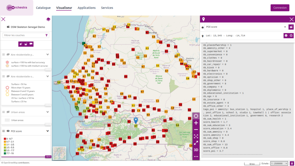 Couche OSM Skeleton Score POI (Points d’Intérêt) couvrant le Sénégal