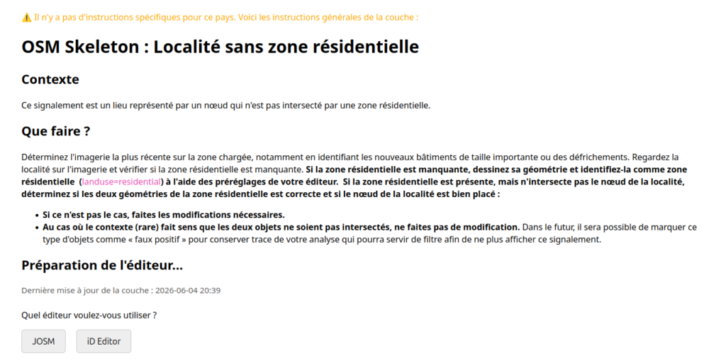 Page d’instructions cartographiques et de choix d’éditeur OSM