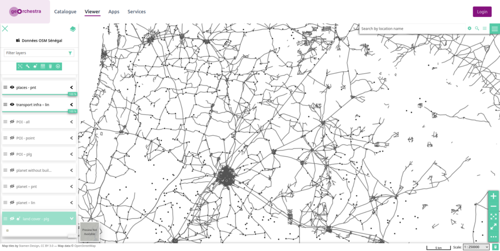Objets OSM highway et place dans le nord-ouest du Sénégal.